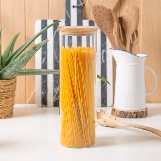 Argon Tableware Scandi Glass Storage Jar with Wooden Lid, Transparent and White, 2 l