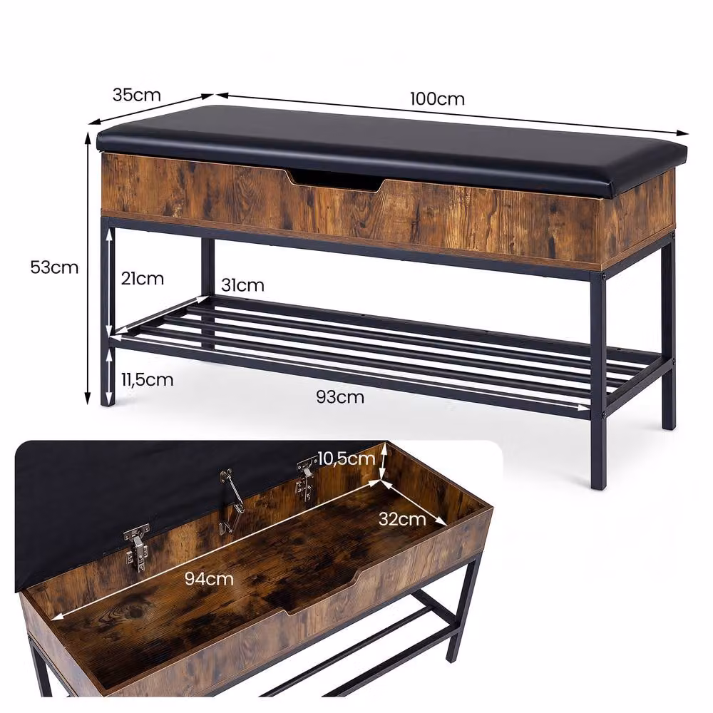 Gymax Brown Faux Leather Shoe Storage Bench with Lift Top and Shelf, Width: 100 cm – 2