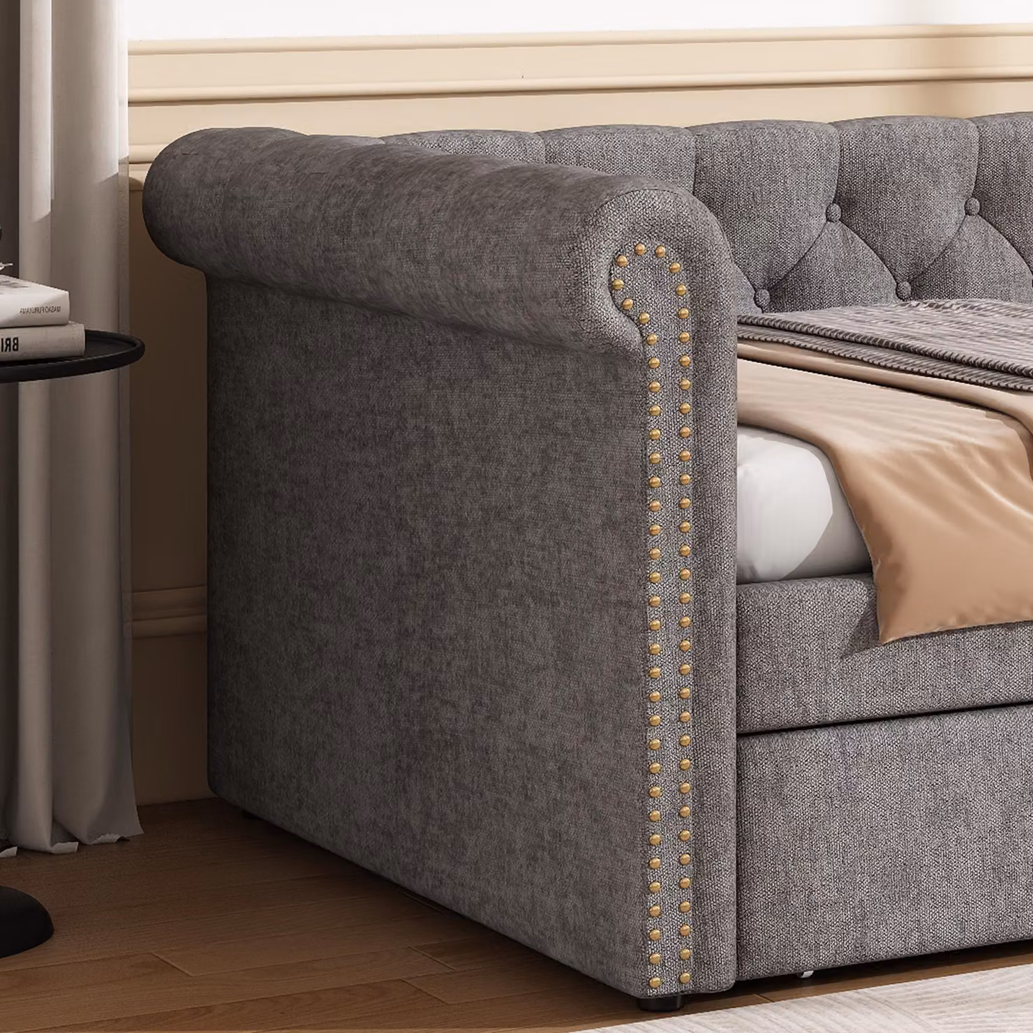 Aosom UK Grey Velvet Upholstered Single Daybed Sofa Bed with Slatted Base, L: 221 cm, W: 98.5 cm, H: 71.5 cm – 4