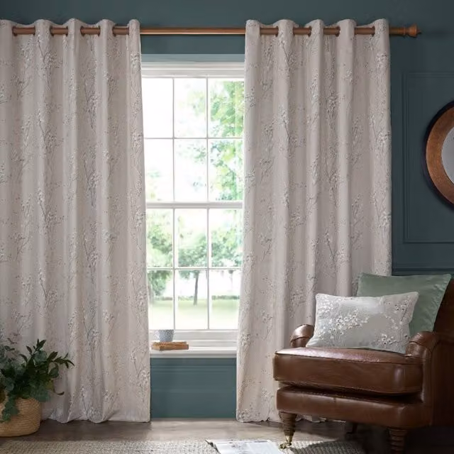 Laura Ashley Pussy Willow Floral Eyelet Curtains in Truffle Natural Beige Cotton