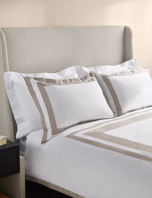 M&S x Kelly Hoppen Pure Cotton Double Border Bedding Set in Beige and White, W: 140 cm x L: 200 cm