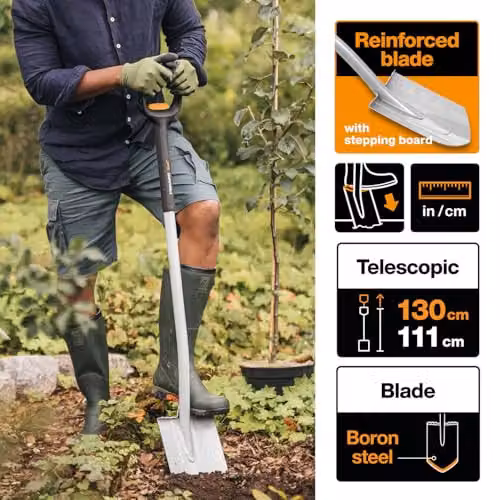 Fiskars Xact Telescopic Pointy Shovel for Hard, Rocky Soil in Black and Orange, Length: 111 - 130 cm – 2