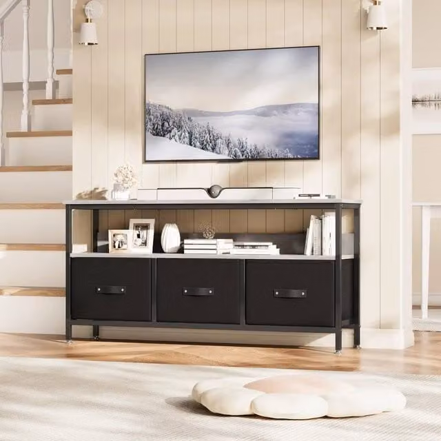 VOGREX Minimalist Dresser-Style TV Stand with 3 Fabric Drawers in Black