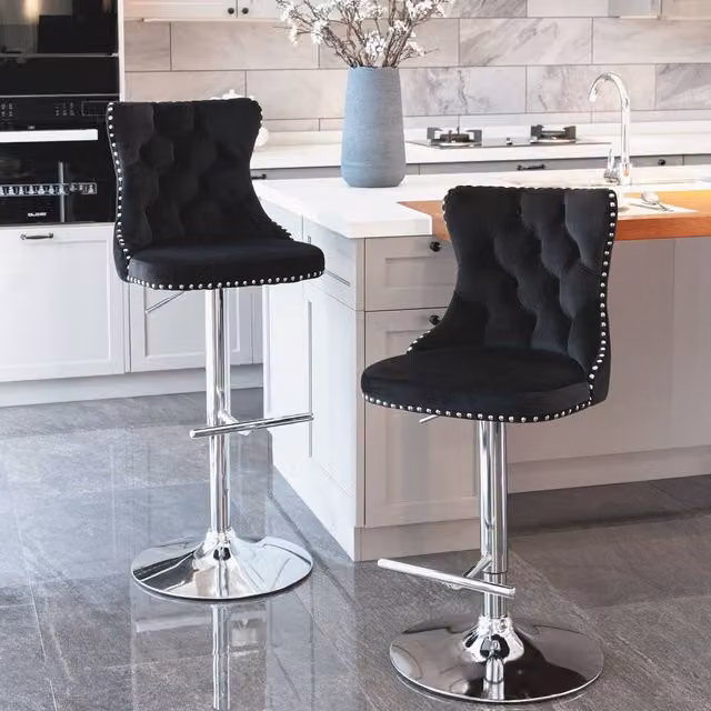 Modern Home Touch Set of 2 Luxury Velvet Adjustable Swivel Bar Stools with Chrome Base in Black – 1