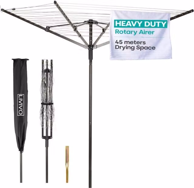 LIVIVO 4 Arm Rotary Airer with Spike and Cover in Black Coated Steel