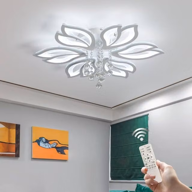 NIVOR Dimmable 6-Head Flower Acrylic and Crystal LED Ceiling Light with Remote Control in White