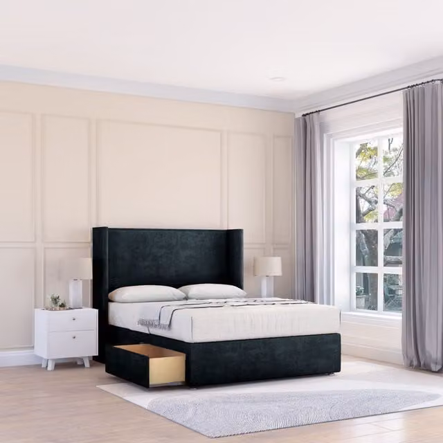 Sloomy Devonshire Naples Wingback Bed Set in Black Velvet with 2 Drawers and Floor Standing Headboard, W/D/H: 180 x 200 cm