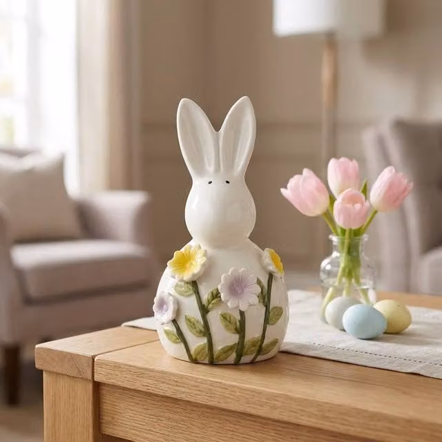 Garden Greatness White and Multicolour Ceramic Springtime Rabbit Floral Tabletop Ornament