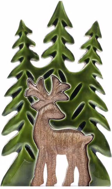 KDMD Lost in the Forest Stag 3D Wooden Tabletop Decor, Dark Green Mango Wood