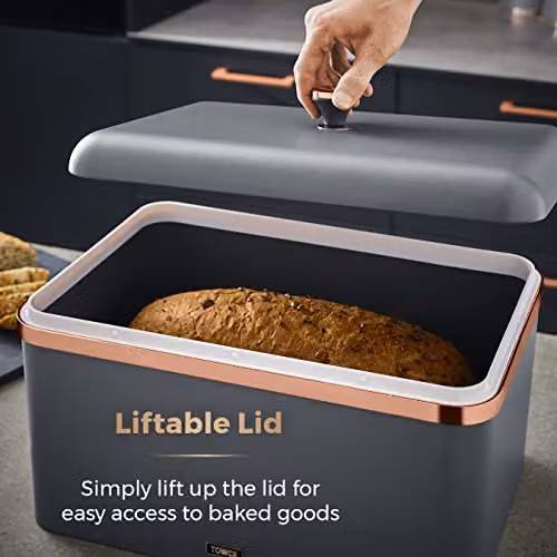 Tower Cavaletto Metal Bread Bin with Loose Lid, Grey and Gold, W: 24.0 cm, D: 17.5 cm, H: 33.0 cm – 5