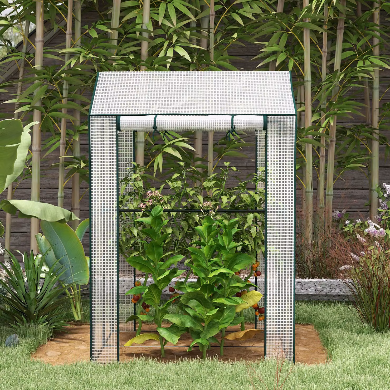 Outsunny Green House with 2 Roll-up Doors and Reinforced Cover, Green, W/D/H: 100 x 80 x 150 cm – 5