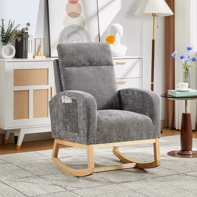 London Boutique Modern Rocking Glider Chair, Upholstered Grey Wingback Armchair with Side Pockets and Solid Rubberwood Frame – 1