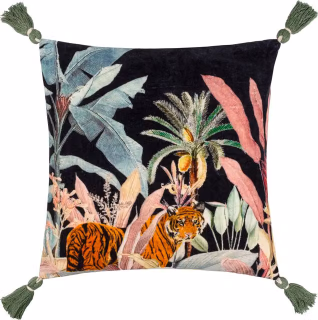 Make it a Home Midnight Jungle Velvet Tasseled Square Cushion in Black and Multicolour with Feather Filling