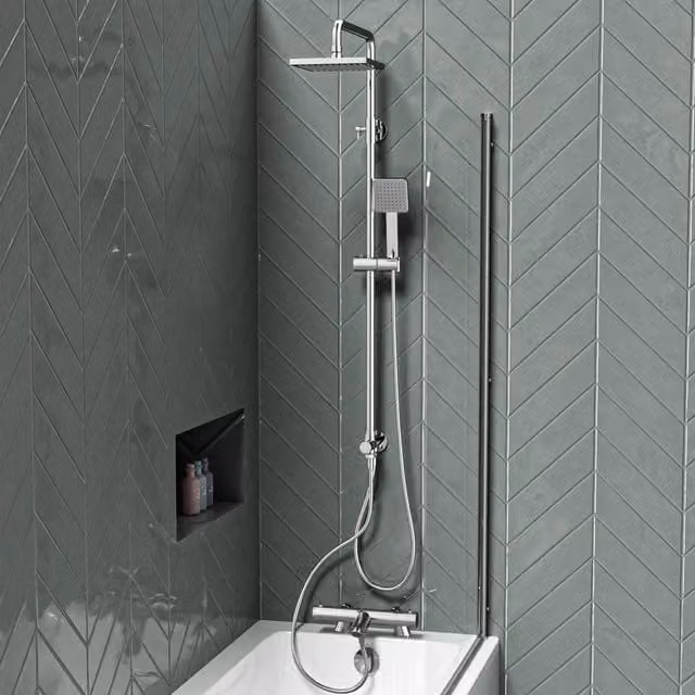 Nes Home Square Exposed Shower Set with Single Mode Handset and Bath Filler, Chrome/Silver, W: 200 mm, H: 1500 mm