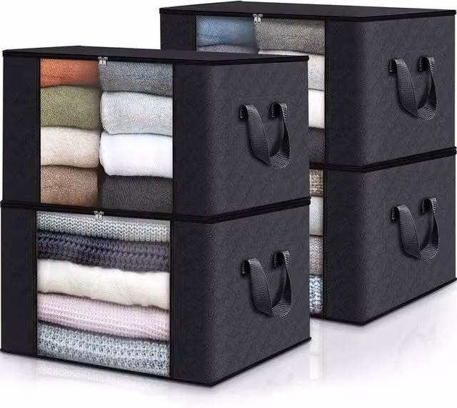 EONLION 4 Pack Large Capacity Foldable Clothes Storage Bags in Black, W/D/H: 50 x 50 x 50 cm