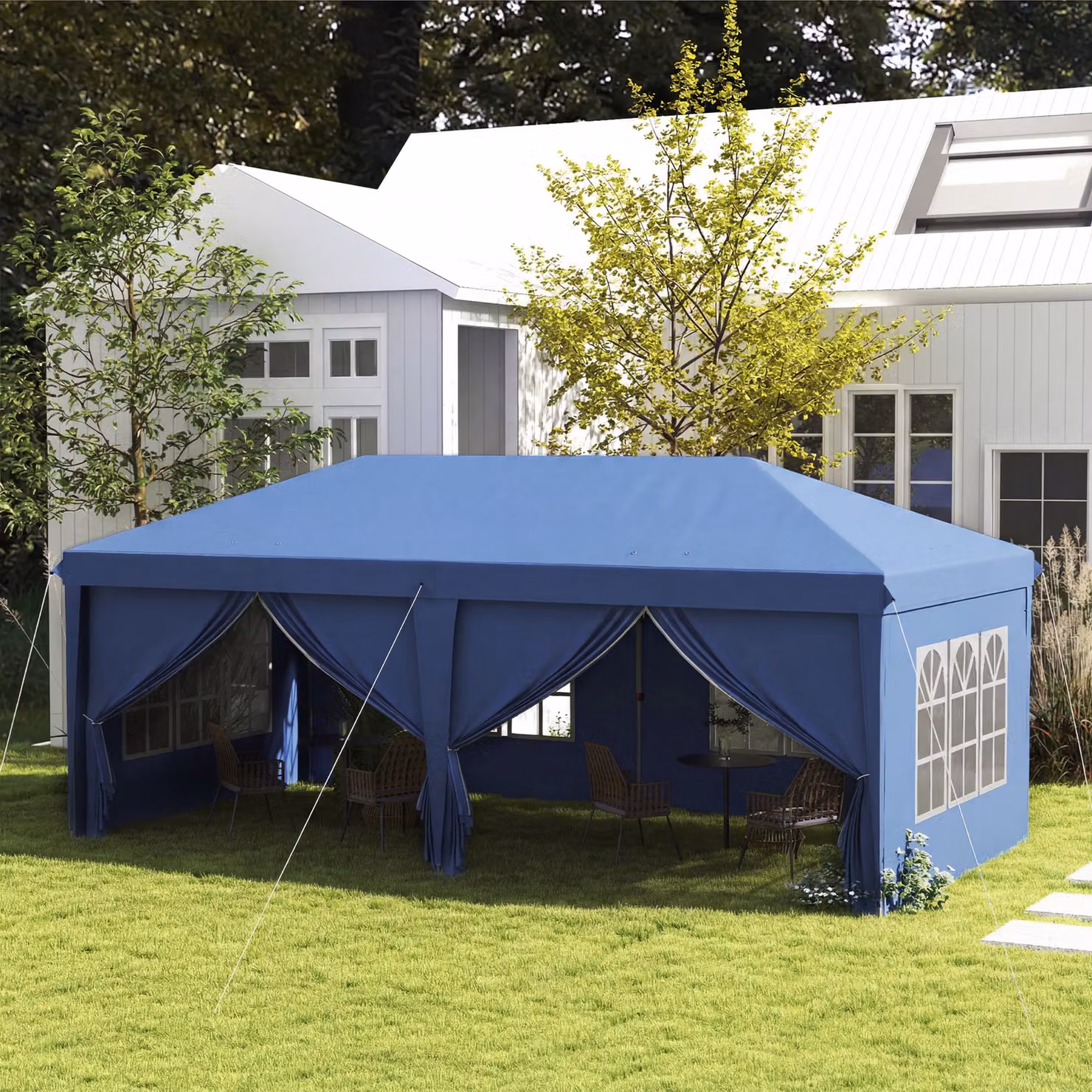 Outsunny Blue Pop-Up Gazebo with Curtain Walls, Windows and Steel Frame, W: 600 cm, D: 300 cm, H: 270 cm – 2