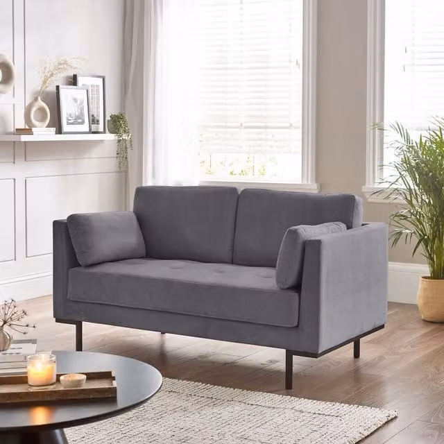 Furniturebox Evelyn 2 Seater Velvet Fabric Sofa in Grey and Black