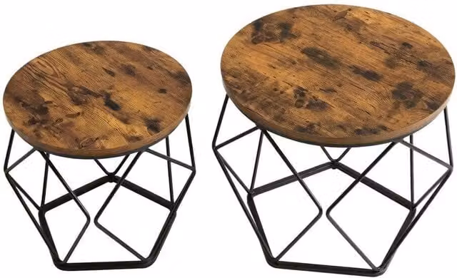 Kelvenix Set of 2 Round Industrial Coffee Tables in Brown and Black
