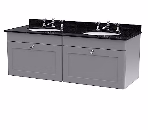nuie Classique Traditional Wall Hung Bathroom Vanity Unit with 2 Drawers, 3 Tap Hole Marble Top and Round Basin, Satin Grey and Black, W: 120 cm, D: 47 cm, H: 50.9 cm