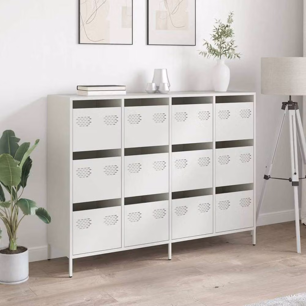 Berkfield Home White Matt Metal Sideboard W: 135 cm, D: 39 cm, H: 103.5 cm – 2