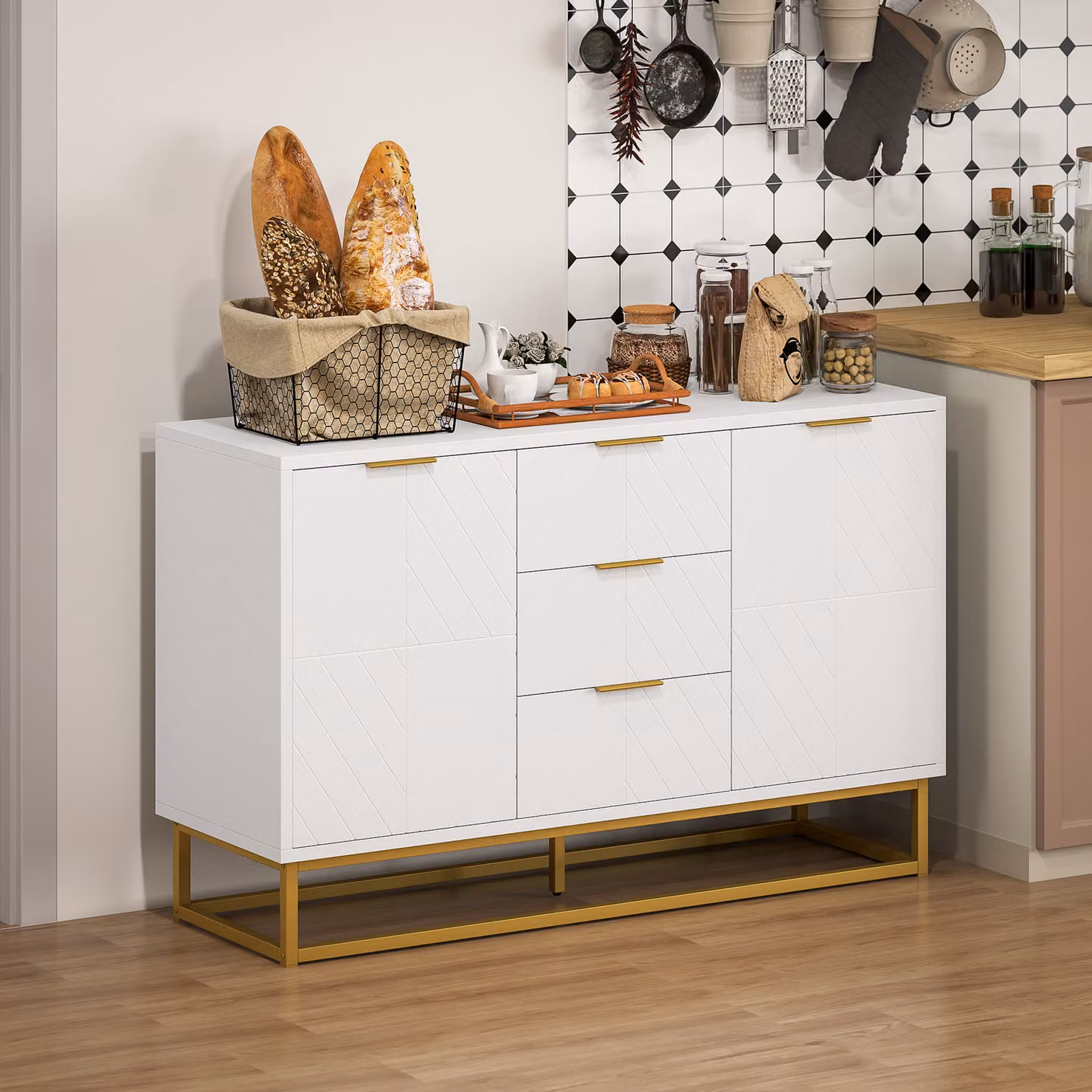 HOMCOM Modern White Freestanding Storage Cabinet with 3 Drawers and Gold Accents – 2
