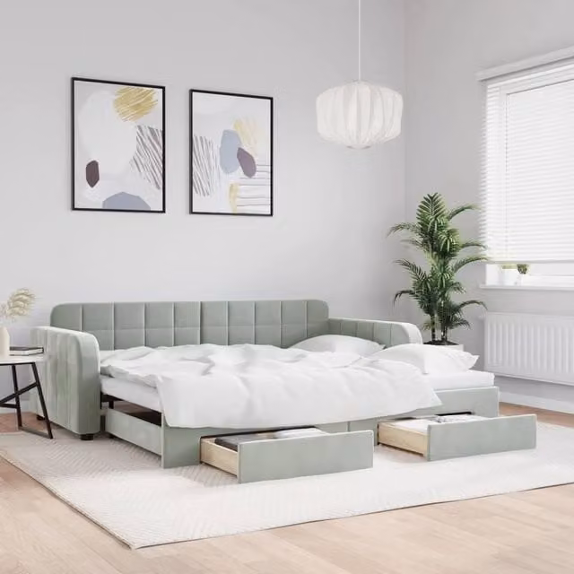 Berkfield Home Daybed with Trundle and Drawers in Light Grey Velvet, W/D/H: 90 x 190 cm
