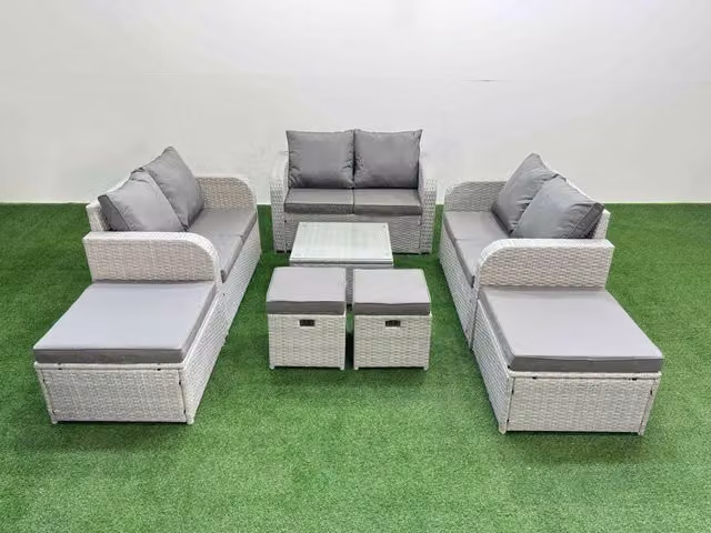 Fimous PE Rattan Garden Love Sofa Set with Coffee Table and 4 Footstools in Light Grey