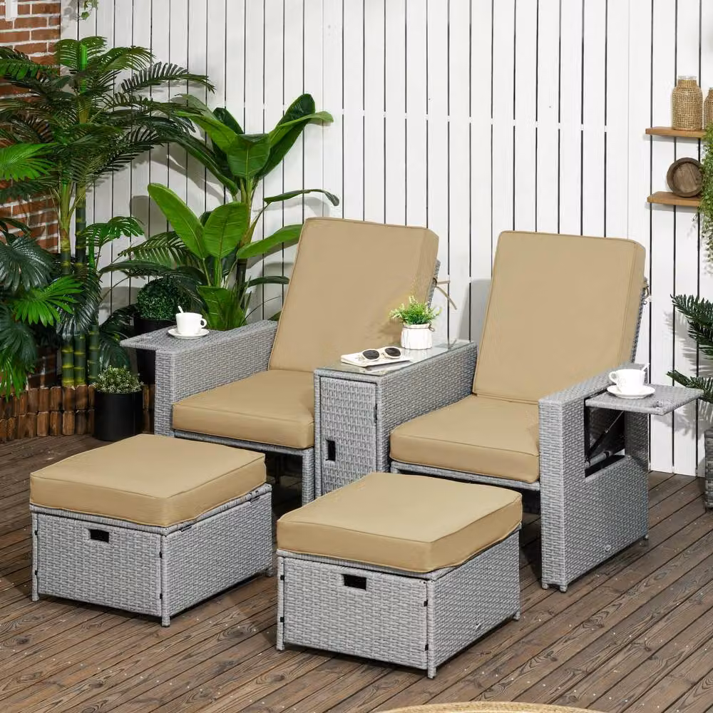 Matteo 5-Piece Beige Rattan Sun Lounger Set with Storage and Table – 2