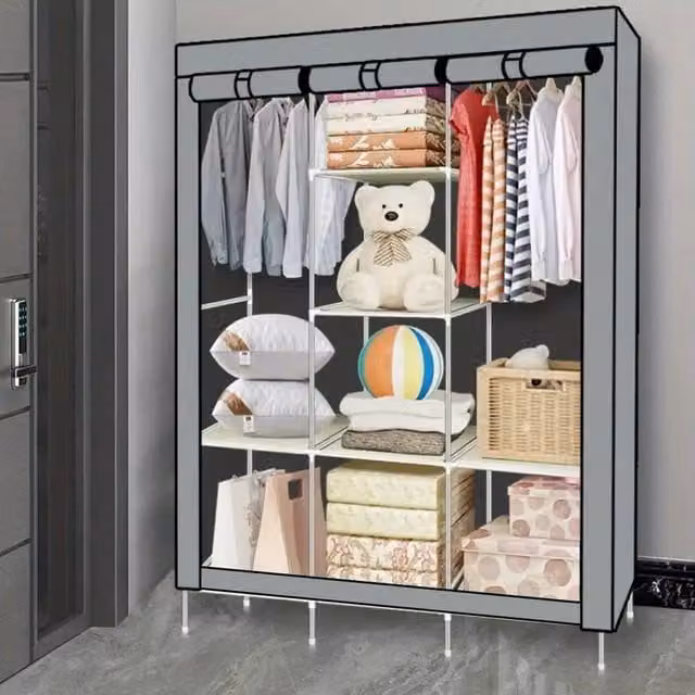 PAWNORA Large Fabric Canvas Wardrobe in Grey, H 170.0 x W 128.0 cm