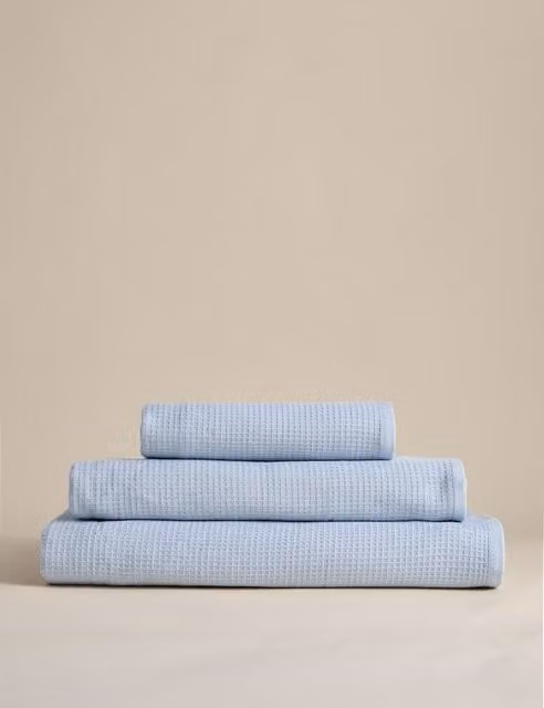 M&S Pure Cotton Fluffy Reverse Waffle and Terry Towel in Blue
