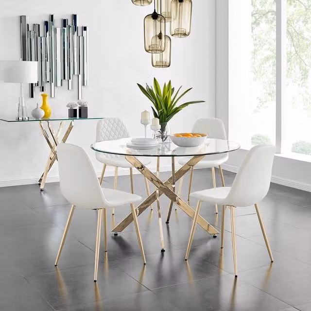 FurnitureboxUK Novara Gold Round Glass Dining Table and 4 Corona Gold Faux Leather Chairs Set in White, Diameter: 120 cm