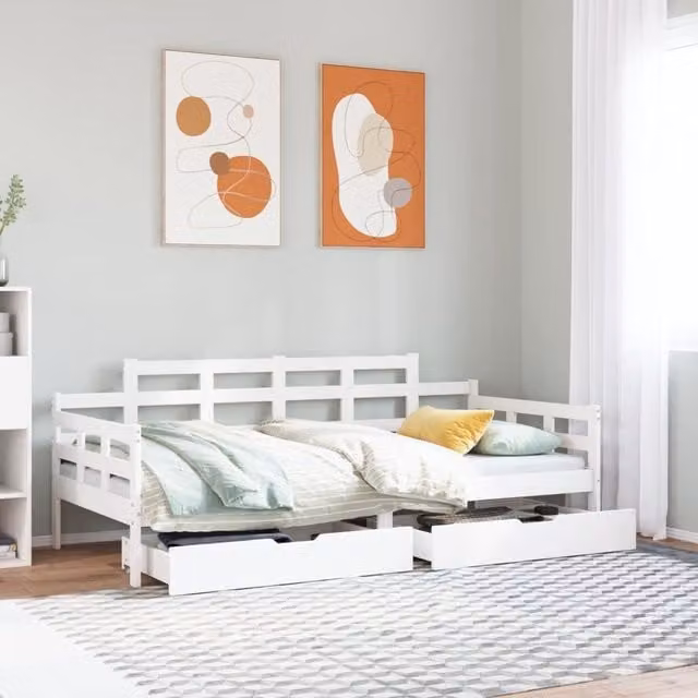 Berkfield Home White Solid Wood Daybed with Drawers W: 80 cm, D: 200 cm