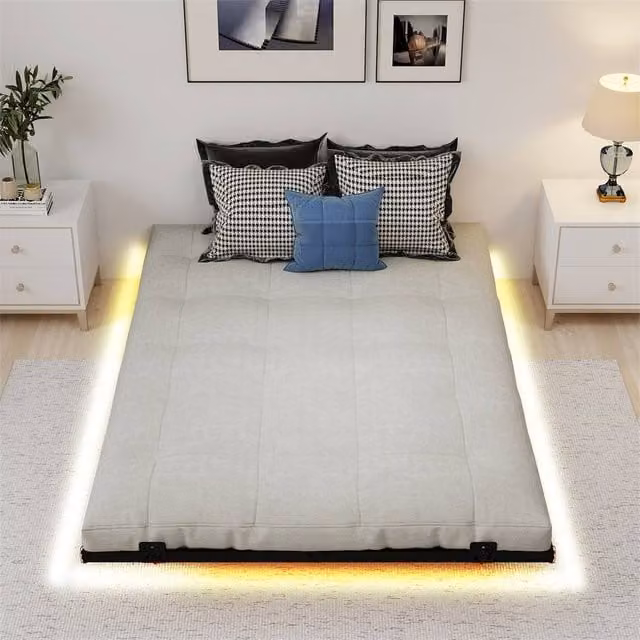 KORVIXA Double Size Floating Bed Frame in Black Metal with Under-Bed Lighting, W/D/H: 140 x 200 cm