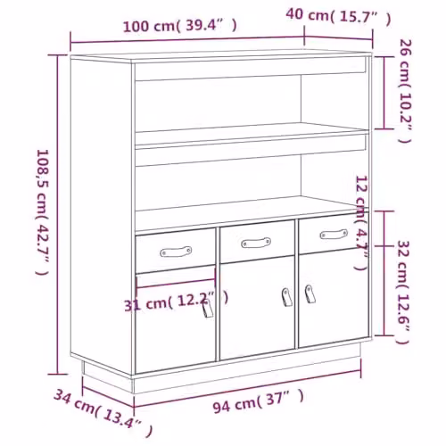 vidaXL Grey Solid Wood Pine Highboard W/D/H: 100 x 40 x 108.5 cm – 3