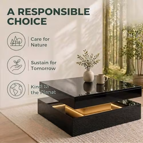HOMCOM Modern High Gloss Black LED Coffee Table with 2-Tier Storage and Lift Mechanism – 8