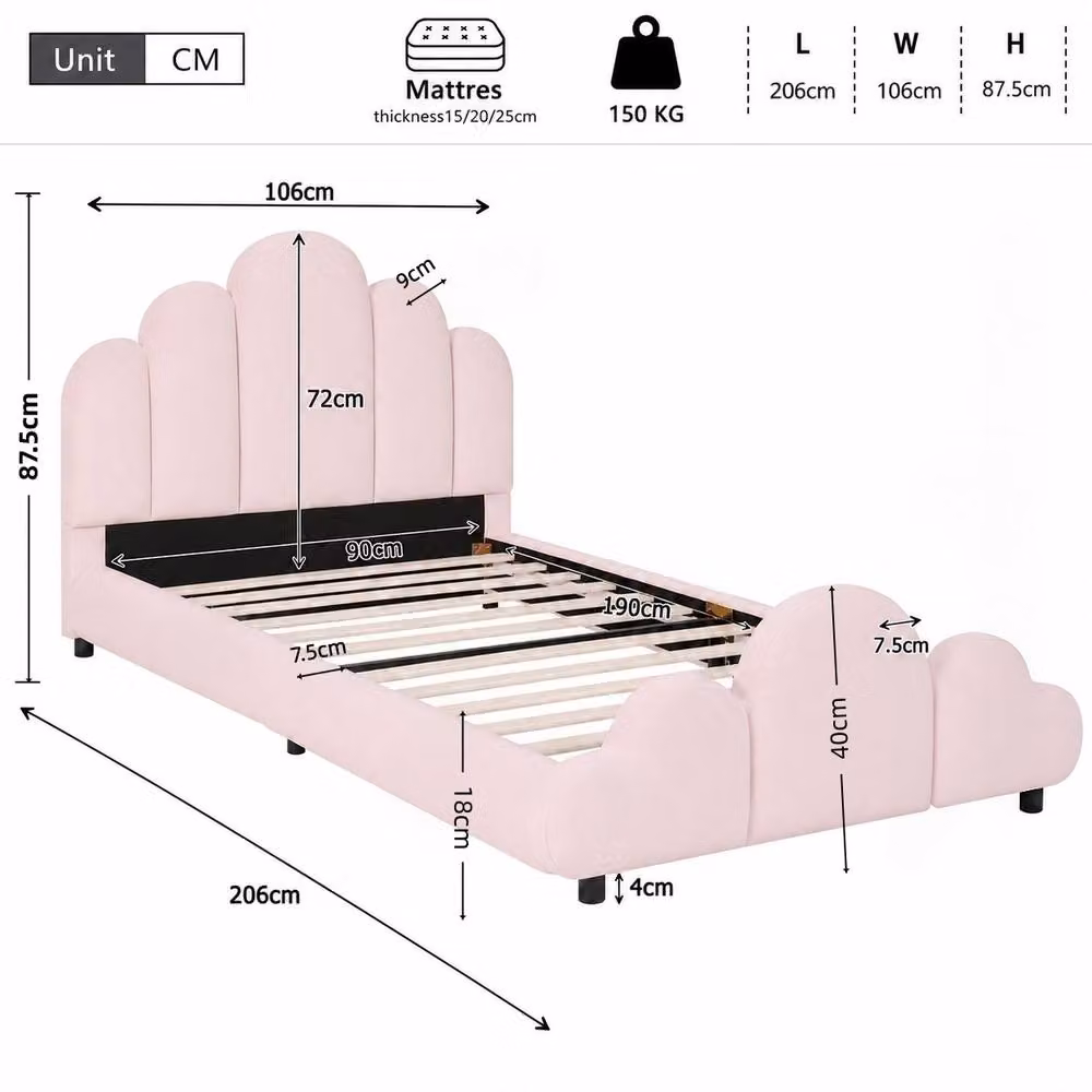 Matteo Upholstered Velvet Single Bed Frame in Pink, W/D/H: 90 x 190 cm – 2