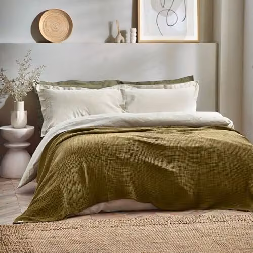 Riva Home Woven Cotton Muslin Throw with Fringes in Khaki, W/D/H: 240 x 260 cm – 4