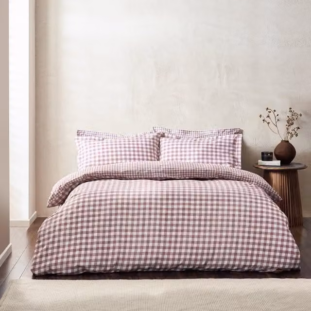 Yard Barton Terrys Reversible Gingham Check Cotton Duvet Cover and Pillowcase Set in Purple and Red, W/D/H: 140 x 200 cm