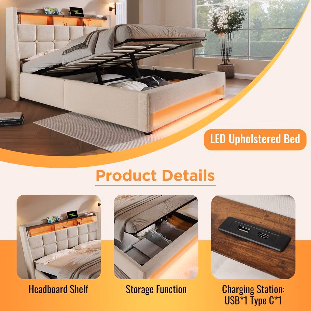 Rolipo King Size Beige Upholstered Storage Bed with LED Lighting and USB Charging Port – 3