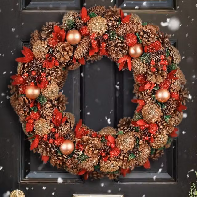 Dibor Traditional Giant Canterbury Floral Front Door Wreath in Red, Gold and Green, Diameter: 50 cm