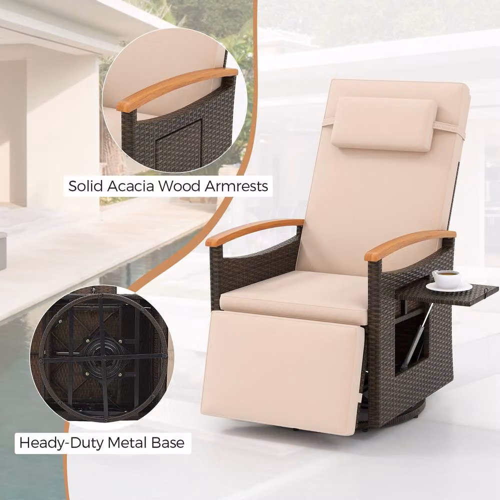 Gymax 360 Swivel Wicker Lounge Chair with Flip Side Table and Adjustable Headrest in Brown – 7