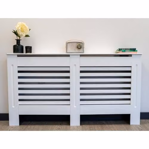 Airwave Horizontal Line Style Radiator Cover in White Painted MDF, W/D/H: 152.0 x 19.0 x 81.5 cm – 1
