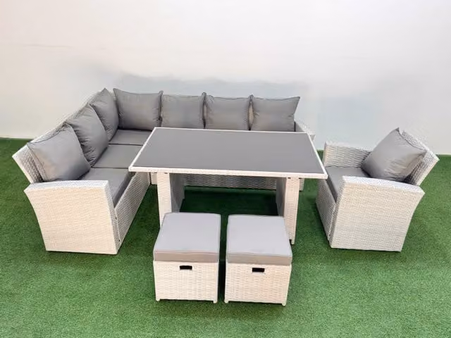 Fimous 9 Seater Wicker Rattan Corner Sofa Set with 2 Small Stools and Armchair in Light Grey