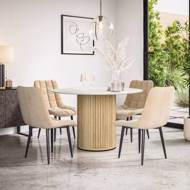 More4Homes Arlo White Marble Top Round Dining Table with Oak Legs and 6 Nova Beige Velvet Dining Chairs Set – 1