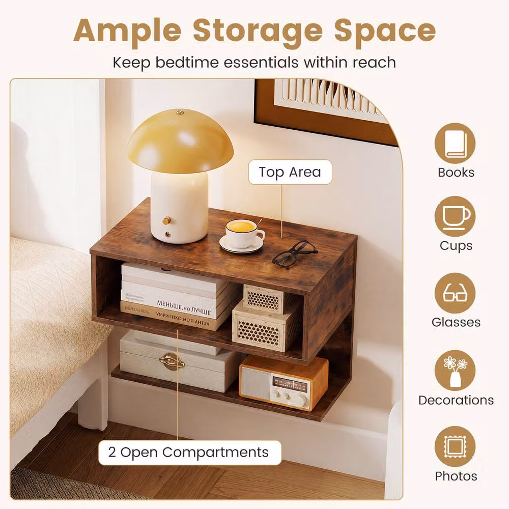 Gymax Set of 2 Wall Mounted Floating Nightstands in Brown – 4