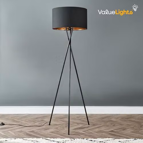 ValueLights Camden Black Metal Tripod Floor Lamp with Black and Gold Fabric Cylinder Shade – 2