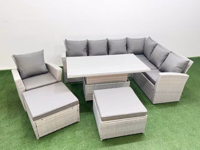 Fimous 9 Seat Rattan Garden Furniture Corner Sofa Set with 2 Large Footstools in Light Grey