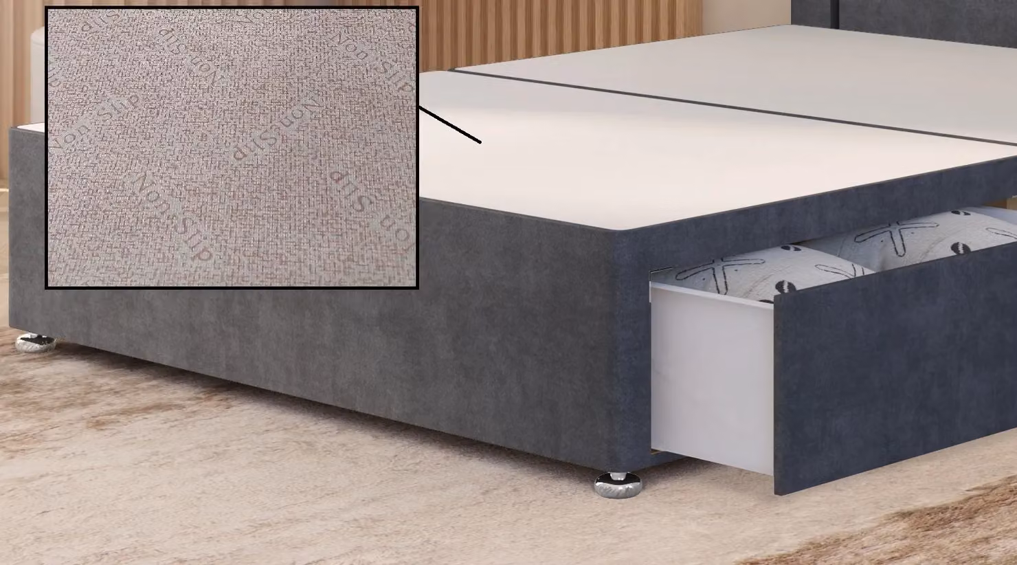 Somnior Alexas Super King Divan Bed with 4 Drawers and Floor Headboard in Grey Plush Velvet, W/D/H: 200 x 180 x 3 cm – 2