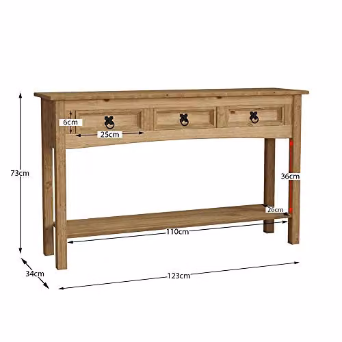 Vida Designs Corona 3 Drawer Console Table in Rustic Brown and Black Solid Pine Wood, W: 123 cm, D: 34 cm, H: 73 cm – 2