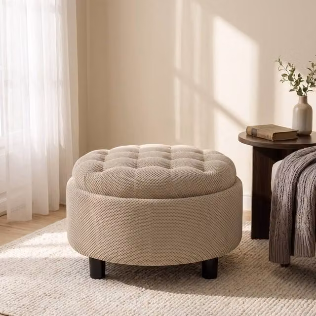 STILVORA Beige Fabric Storage Ottoman with Wooden Top – 1